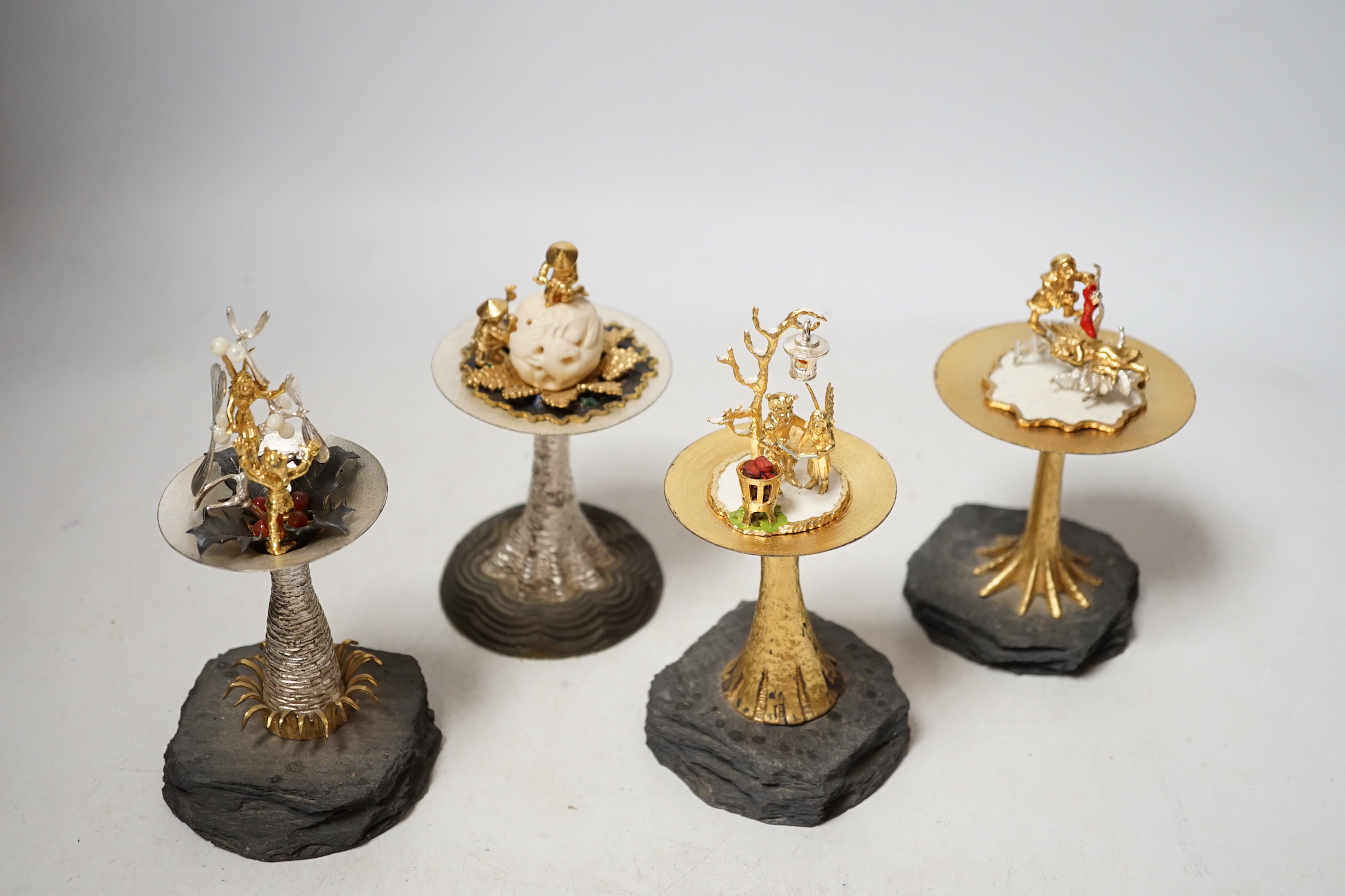 Four Elizabeth II limited edition surprise toadstools by Christopher Nigel Lawrence, opening to reveal pixies at various pursuits, London, 198 largest 15.9cm, 1981/82/83/88, two covers apparently unmarked.